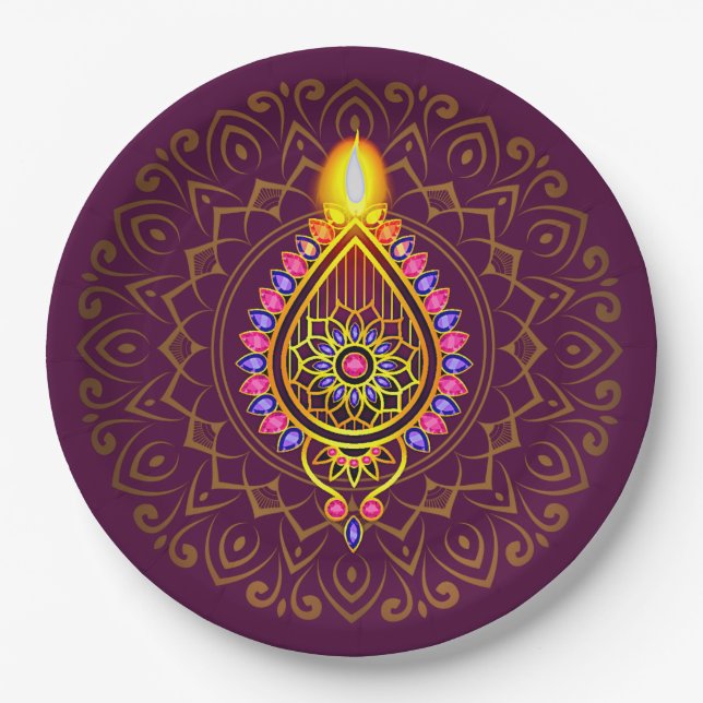 Diwali Jeweled Diya Candle Design Mandala Lila Pappteller (Vorderseite)
