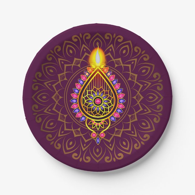 Diwali Jeweled Diya Candle Design Mandala Lila Pappteller (Vorderseite)