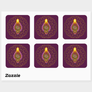 Diwali Jeweled Diya Candle Design Mandala Lila Quadratischer Aufkleber
