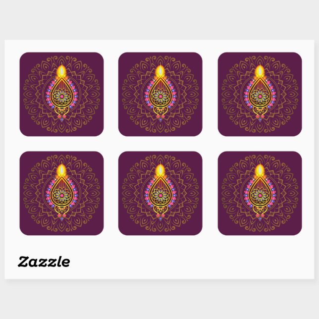 Diwali Jeweled Diya Candle Design Mandala Lila Quadratischer Aufkleber (Blatt)