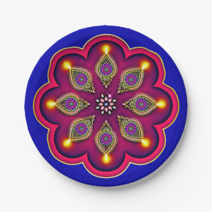 Diwali Lila Diya Flame Lotus Mandala Blue 7" Pappteller