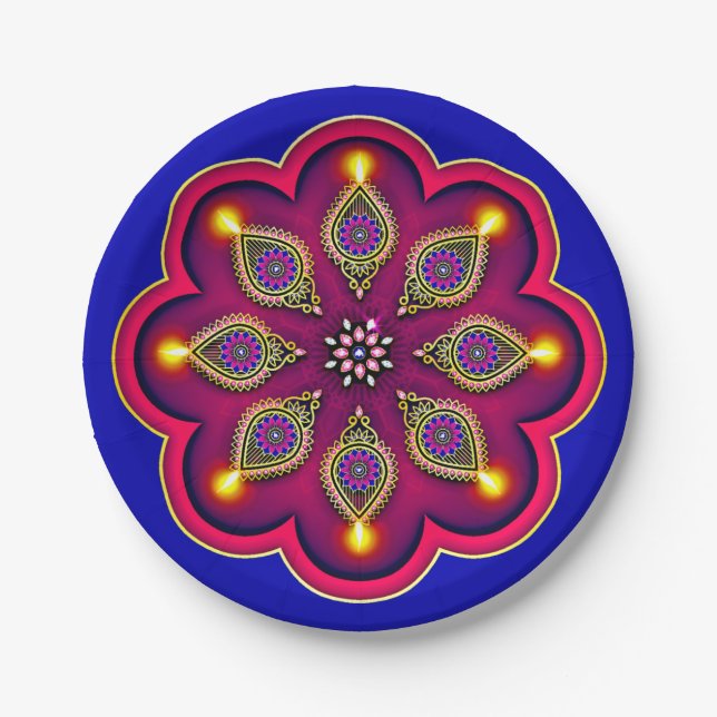 Diwali Lila Diya Flame Lotus Mandala Blue 7" Pappteller (Vorderseite)