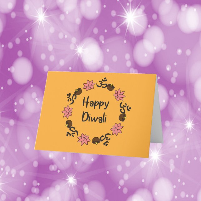 Diwali Lotus Blume Diya Candle Om Orange Dankeskarte (A greeting card that says Happy Diwali surrouned by diya candles, lotus flowers and aum symbols)