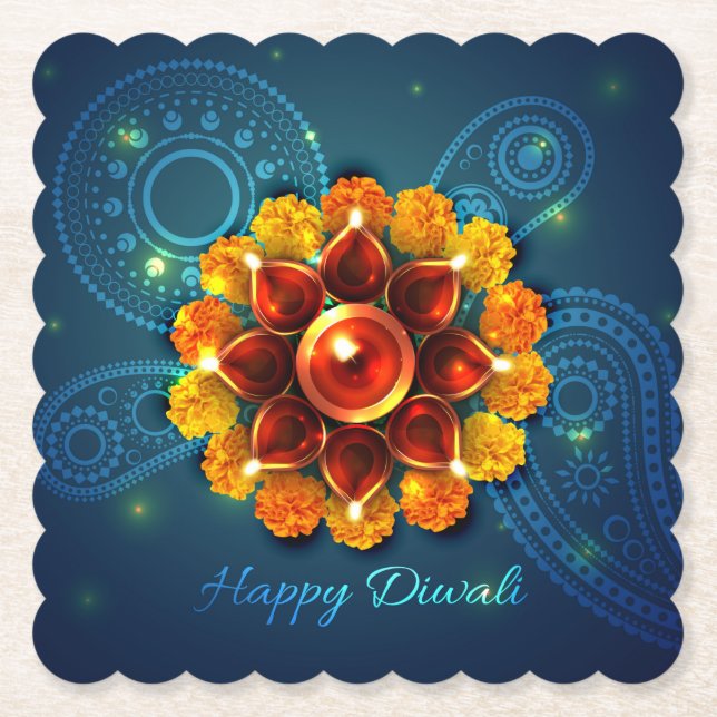 Diwali mit Diya und Rangoli Untersetzer (Vorderseite)