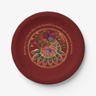 Diwali Red Gold Colorful Peacock Personalisiert Pappteller