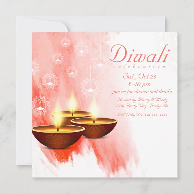 Diwali Red Watercolor mit Diyas Einladung (Vorderseite)
