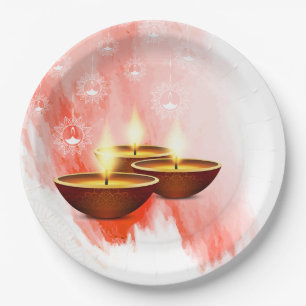 Diwali Red Watercolor mit Diyas Pappteller