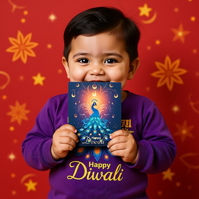 Diwali verzaubern Delikatessen beim 🦚 Feiertagspostkarte (Enchanting Diwali Delight with blue Peacock🦚 Holiday Postcard, custom text)