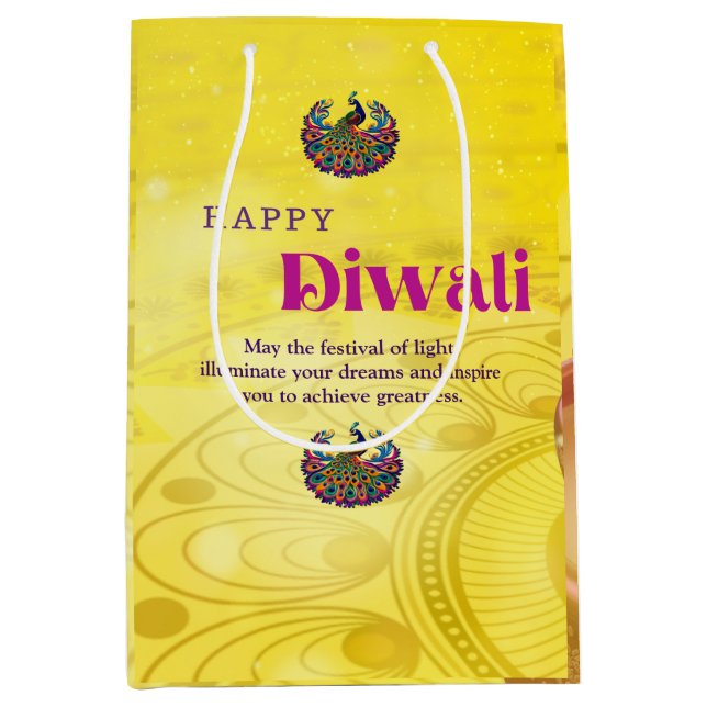 Diwali Yellow Mandala Lamp Peacock Personalisiert Mittlere Geschenktüte (Vorderseite)