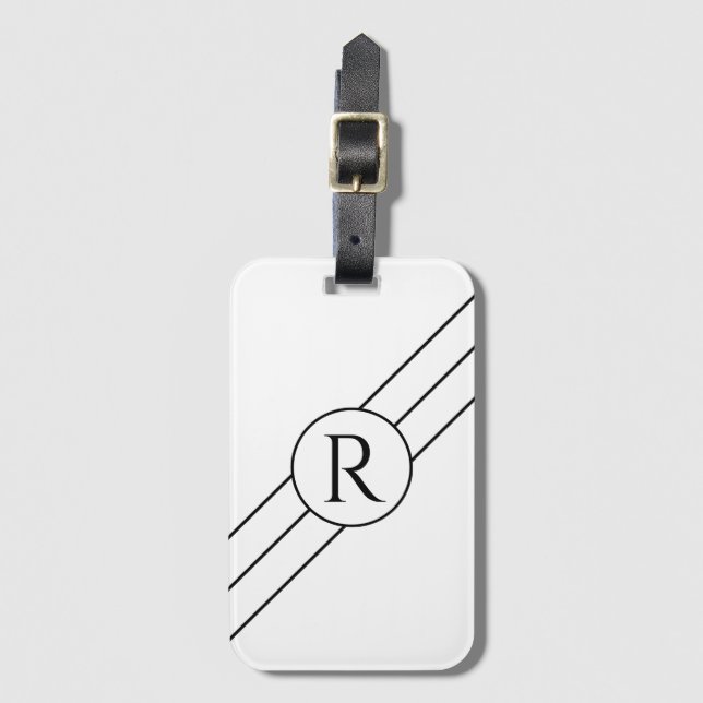 DIY Black Monogram in Circle, Diagonal Lines White Gepäckanhänger (Vorderseite Vertikal)
