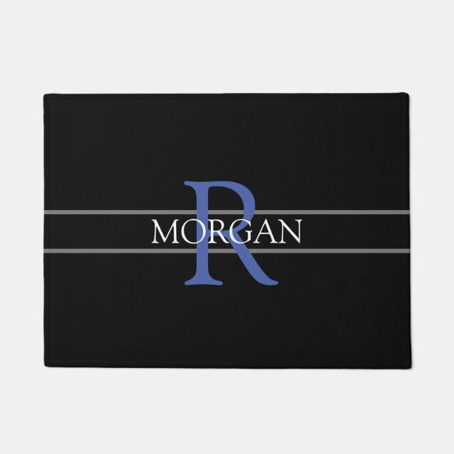 DIY Blue Monogram, White Name, Black, Grau Streife Fußmatte (Vorderseite)
