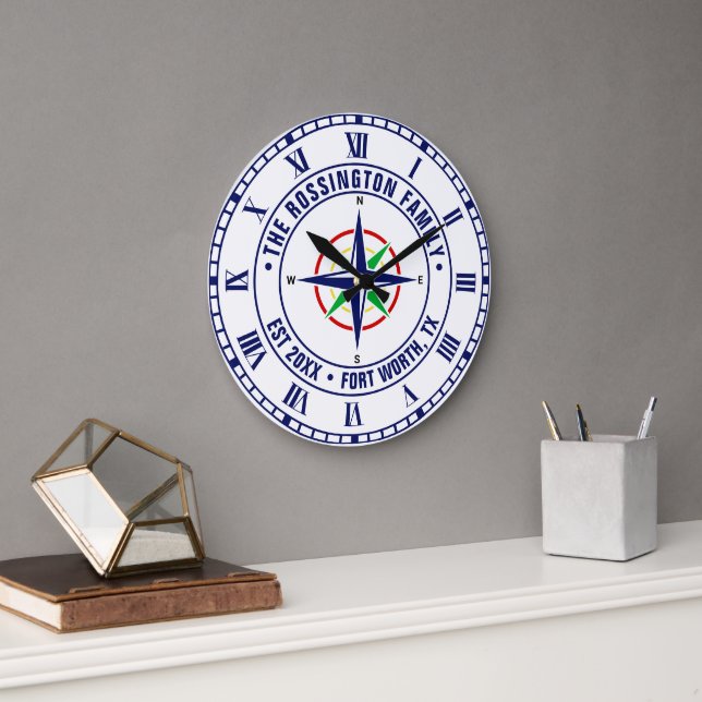 DIY Colors Compass Rose Familienname Datum Estland Große Wanduhr (Büro)