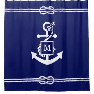 DIY Colors Rope Knot Anchor Monogram Navy White Duschvorhang