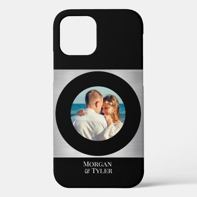 DIY Couple's Foto & Names Blk Circle Silver Black Case-Mate iPhone Hülle (Rückseite)