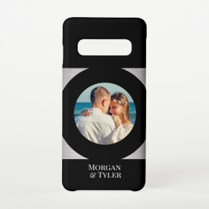 DIY Couple's Foto & Names Blk Circle Silver Black Samsung Galaxy S10 Hülle