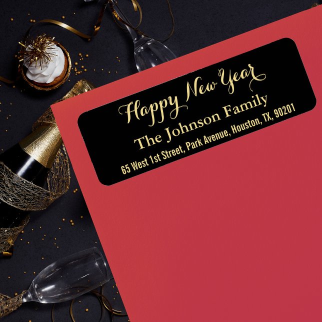 DIY Custom Imitats Gold Black Happy New Year Addre (DIY Custom Faux Gold Black Happy New Year Address Label)