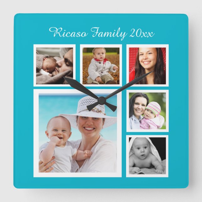 DIY Custom Personalisiert Foto Collage Template Quadratische Wanduhr (Vorderseite)