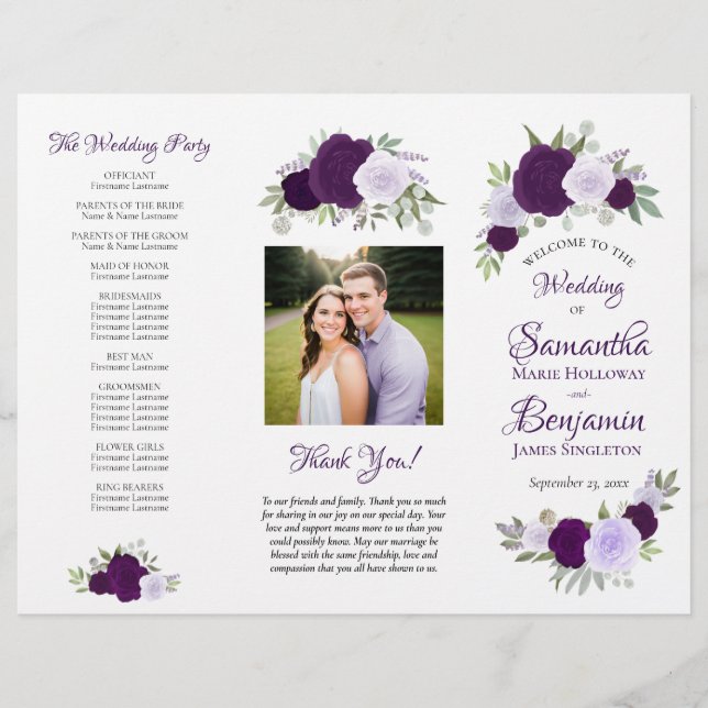 DIY-Falt-Hochzeitsprogramm mit lila Boho-Rosen Flyer (Vorne)