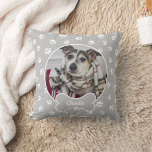 DIY-Hundefoto-Kreis Name Knochen Weiß Pfoten Grau Kissen