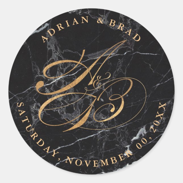 DIY Imitate Gold Calligraphie Monogramme/Schwarzer Runder Aufkleber (Vorderseite)