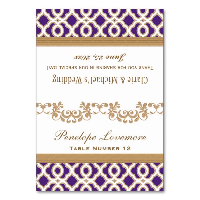DIY Lila Gold marokkanische Klappüberzieher-Platzk Tischnummer (Vorderseite)