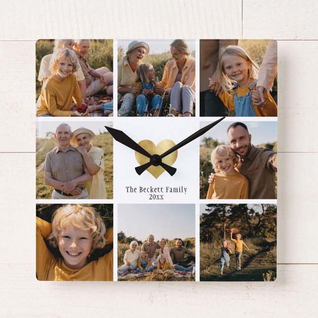 DIY Modern Family Foto Collage Gold Herz Quadratische Wanduhr (Von Creator hochgeladen)