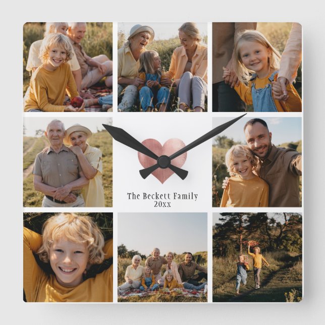 DIY Modern Family Foto Collage Rose Goldenes Herz Quadratische Wanduhr (Vorderseite)