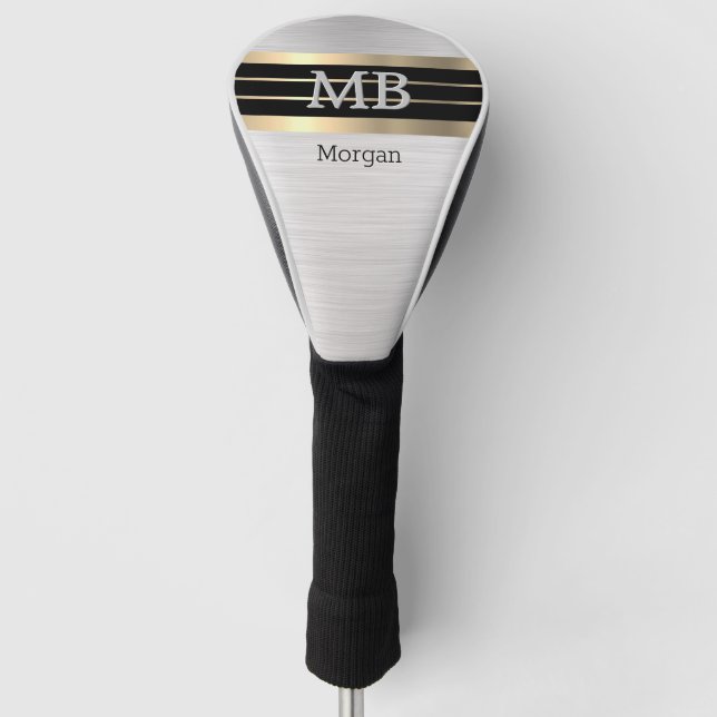 DIY Monogram/Name, Bk/Gold Stripes, Brushed Silver Golf Headcover (Vorderseite)