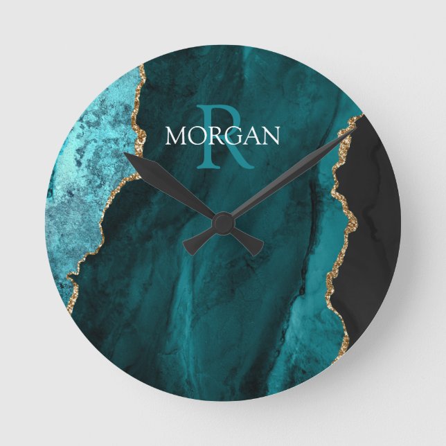 DIY Monogram & Name, Black Gold & Teal Agate Runde Wanduhr (Vorderseite)