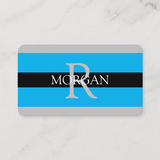 DIY Monogram Name Info Black Gray Sky Blue Stripes Visitenkarte (Vorderseite)