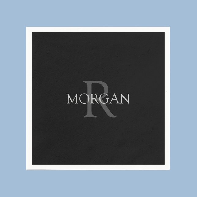 DIY Monogram & Name, trendy Black mit grauem Text Serviette (Von Creator hochgeladen)
