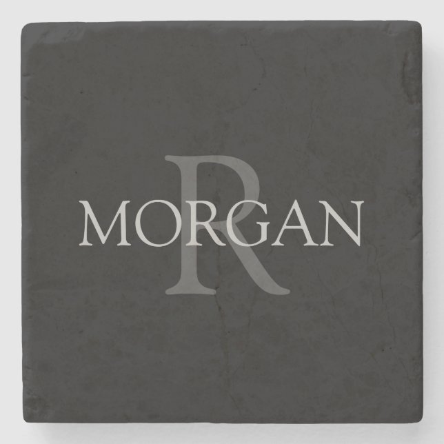 DIY Monogram & Name, trendy Black mit grauem Text Steinuntersetzer (Vorderseite)