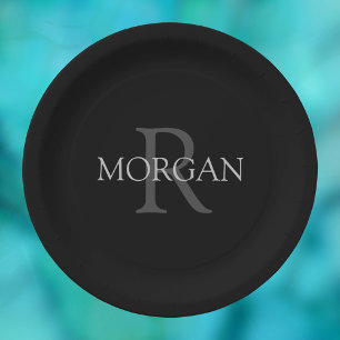 DIY Monogramm und Name, klassisch schwarz mit grau Pappteller
