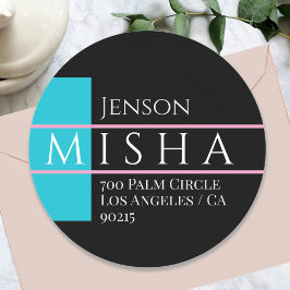 DIY Name & Adresse / Hellblau, Schwarz und Rosa Runder Aufkleber