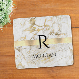 DIY Name & Monogram Blk Text, White & Gold Marmor Schneidebrett
