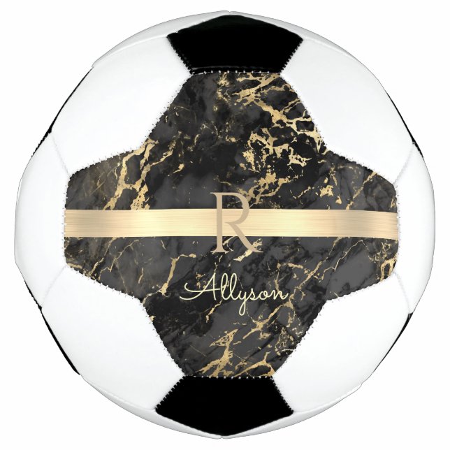 DIY Name & Monogram, Gold Bar, Black & Gold Marmor Fußball (Vorderseite)