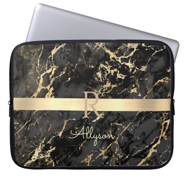 DIY Name & Monogram, Gold Bar, Black & Gold Marmor Laptopschutzhülle (Vorderseite)