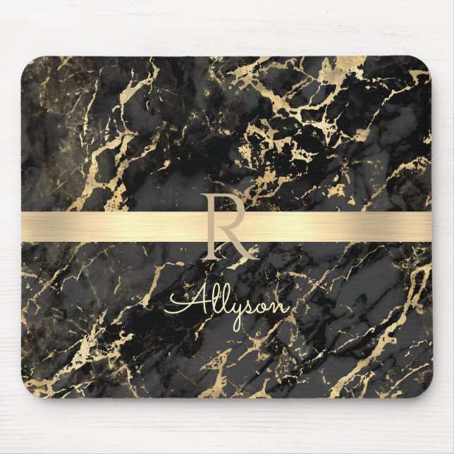 DIY Name & Monogram, Gold Bar, Black & Gold Marmor Mousepad (Vorne)