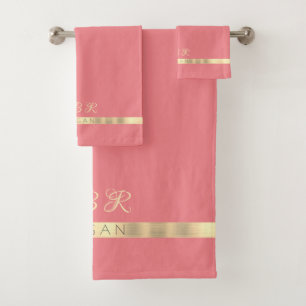 DIY Name & Monogram, Gold Stripes, Pink Salmon Badhandtuch Set