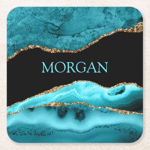 DIY Name, Schwarz, Gold & Teal Achat Rechteckiger Pappuntersetzer