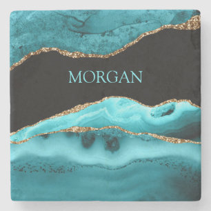DIY Name, Schwarz, Gold & Teal Achat Steinuntersetzer