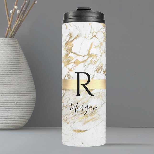 DIY Name Script & Monogram Blk, White/Gold Marmor Thermosbecher (Von Creator hochgeladen)
