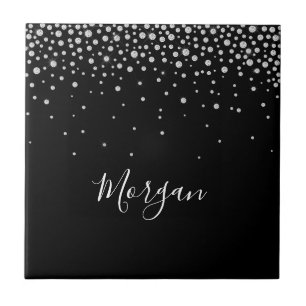 DIY Name Weiße Schrift & Weiße Diamanten, Schwarz Fliese