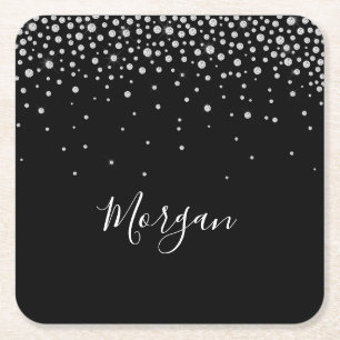 DIY Name White Script & White Diamonds, Black Rechteckiger Pappuntersetzer