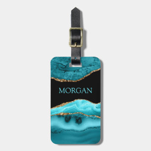 DIY Namensanhänger, Schwarz, Gold & Teal-Achat-Gep Gepäckanhänger