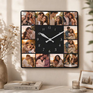 DIY Personalisierte 12-Foto-Collage-Vorlage Quadra Quadratische Wanduhr