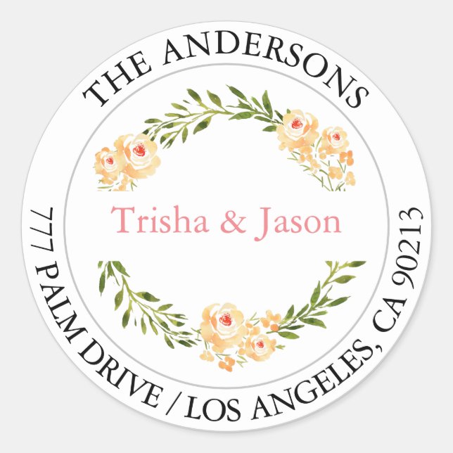 DIY-Rücksendeadresse, Aquarellpfirsichfarben, Blum Runder Aufkleber (Vorderseite)