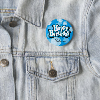 Diy Text Happy Birthday in Blue Bokeh Button