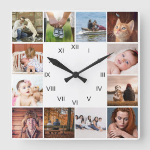 DIY UNSERE FAMILIE 12 Foto Collage Roman numeral Quadratische Wanduhr
