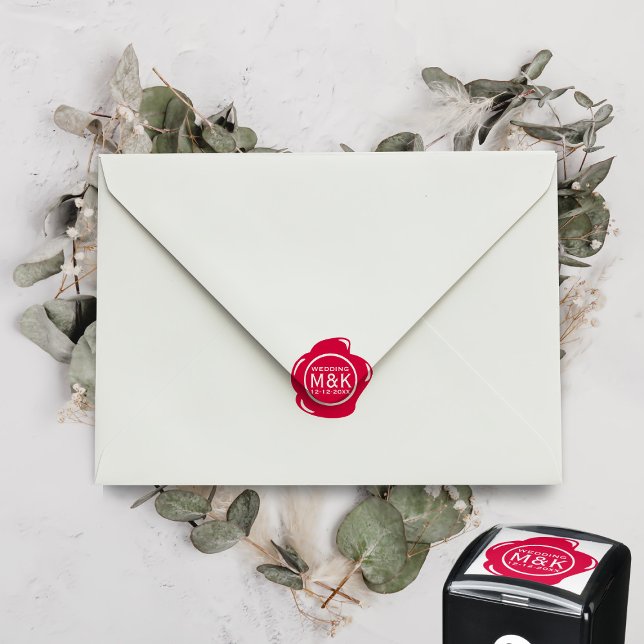DIY Wedding Funny Imitats Red Wax Siegel Monogram Permastempel (A red wax seal style Save the Date self inking stamp with space for your initials and wedding date)